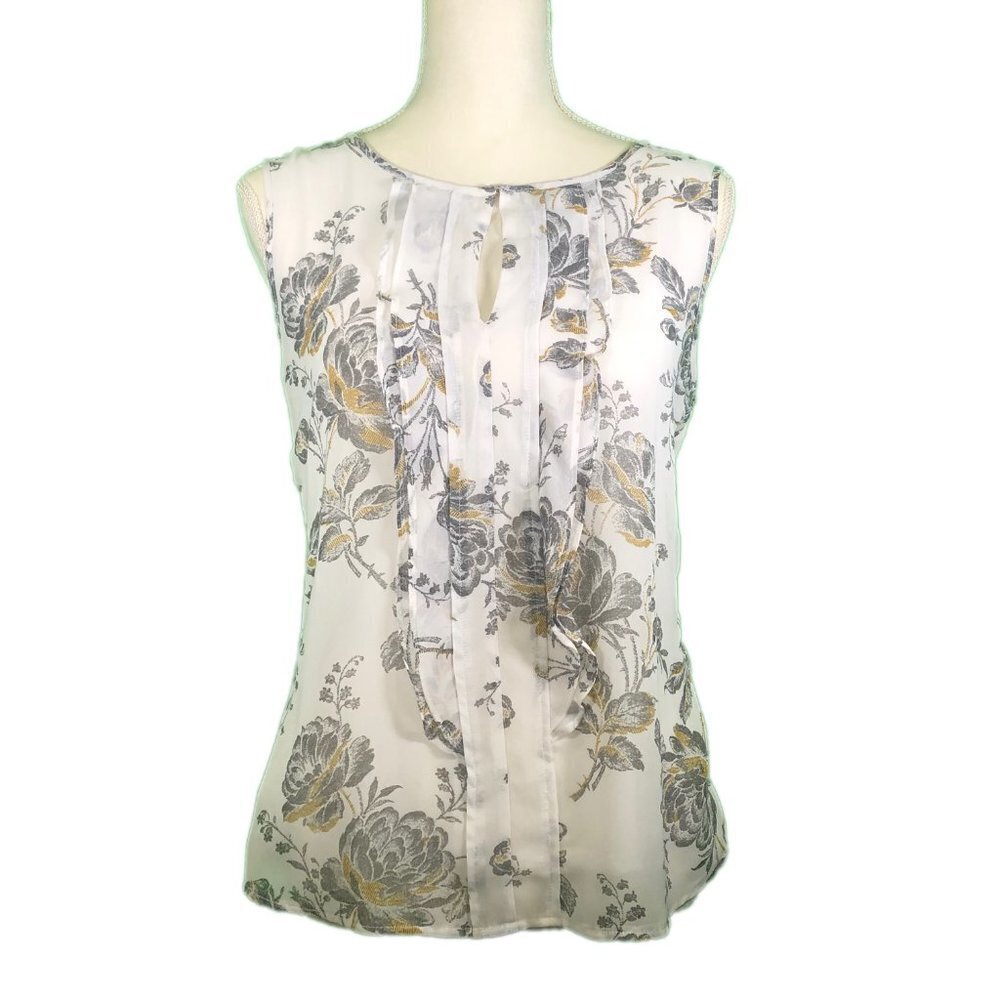 ANN TAYLOR Factory (S) White and Gray Floral Blouse